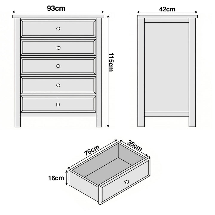 [Black] Haven 5-drawer tall chest dimensions diagram showing W93cm x D42cm x H115cm with drawer depth measurements