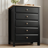 [Black] Haven 5-drawer tall chest front view with decorative tray and small objects arranged on oak veneer top