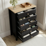 [Black] Haven 5-drawer tall chest with all drawers open showing interior storage depth and oak veneer top surface