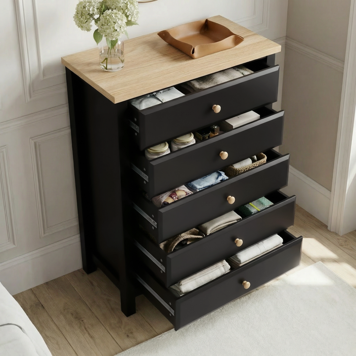 [Black] Haven 5-drawer tall chest with all drawers open showing interior storage depth and oak veneer top surface
