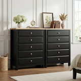 [Black] Haven tall chest and matching 3-drawer chest side by side in a bedroom with decorative accessories on top