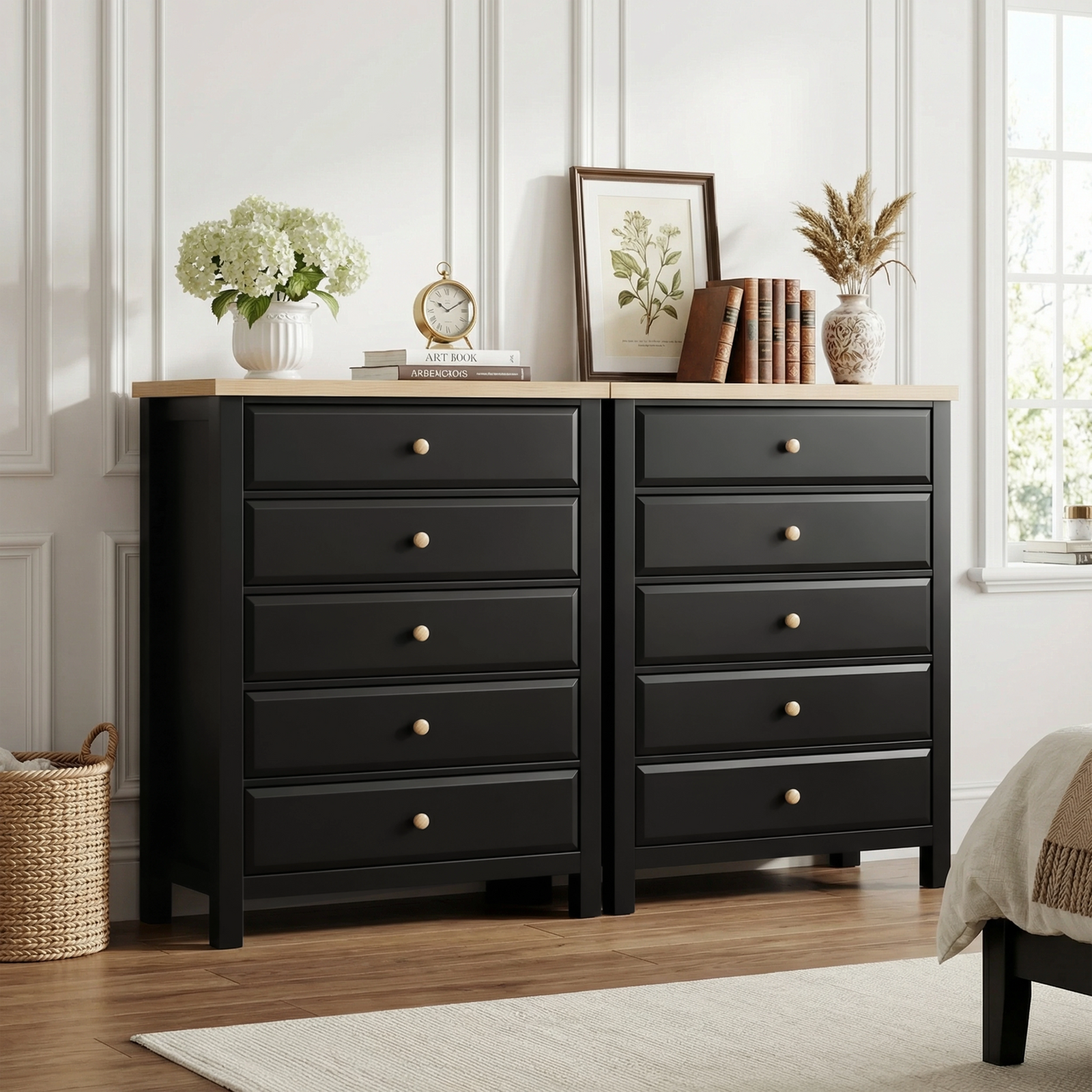 [Black] Haven tall chest and matching 3-drawer chest side by side in a bedroom with decorative accessories on top