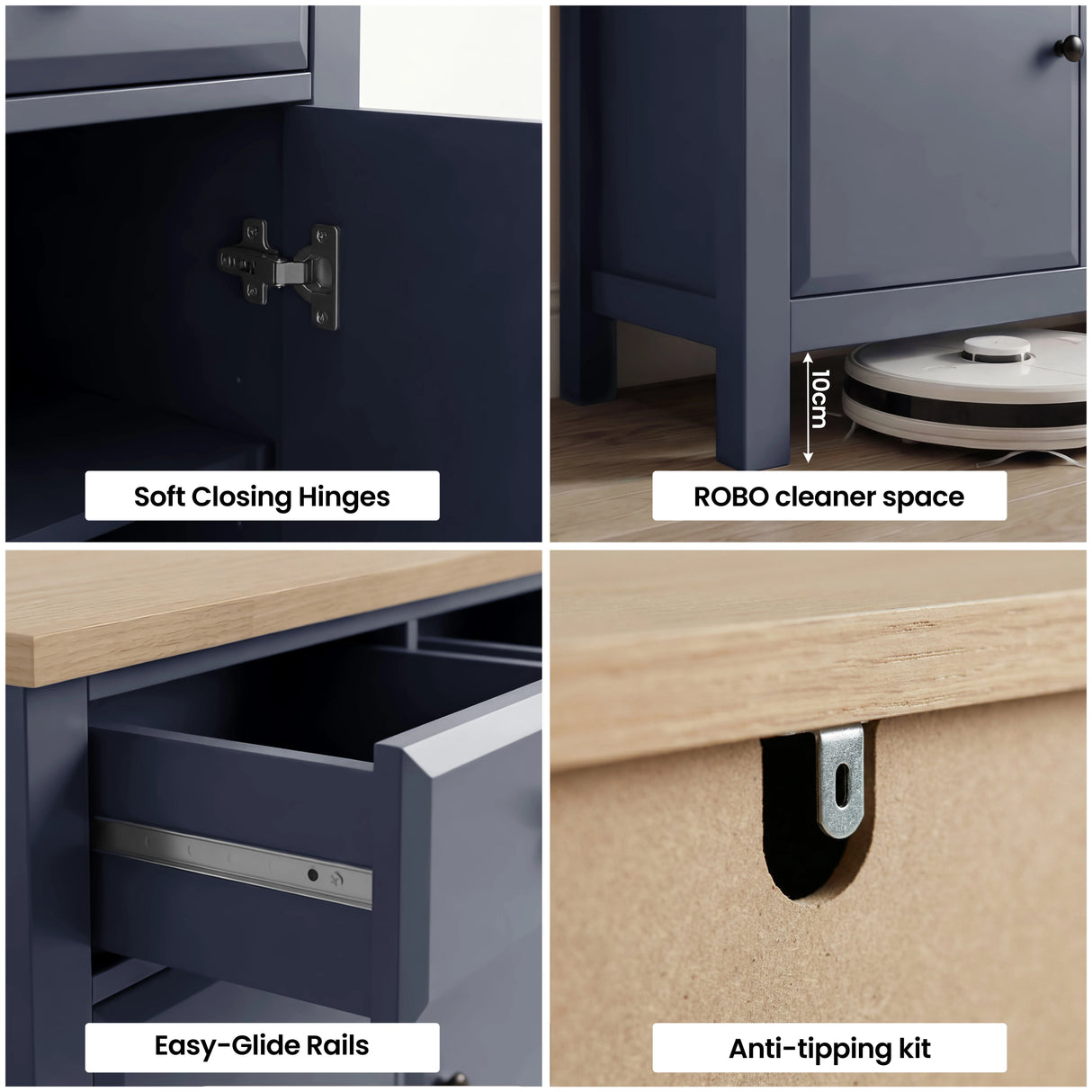[Blue] Haven 3-door sideboard detail showing anti-tip wall safety bracket and oak veneer top edge close-up
