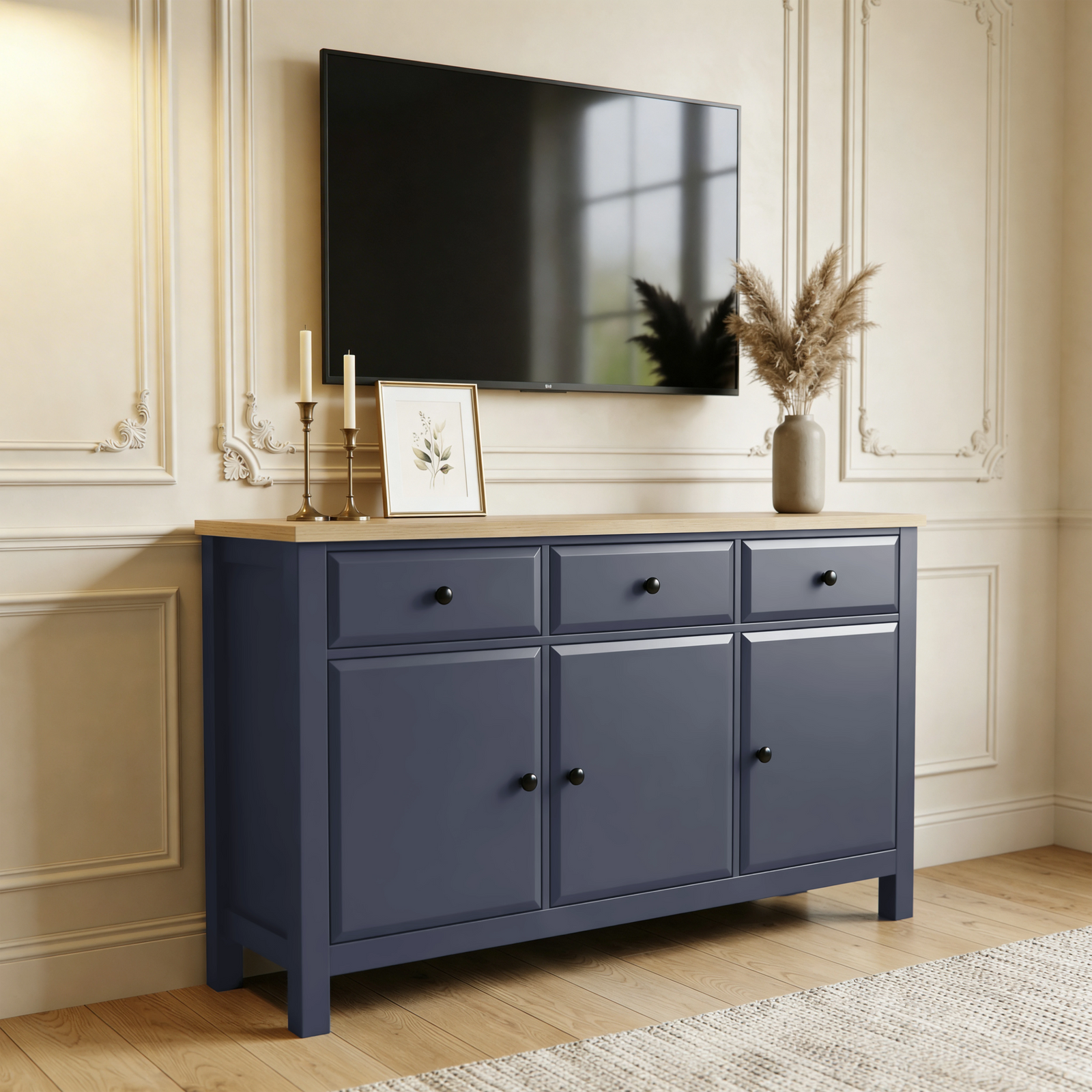 [Blue] Haven 3-door sideboard as TV stand with flat-screen mounted on panelled wall above oak top