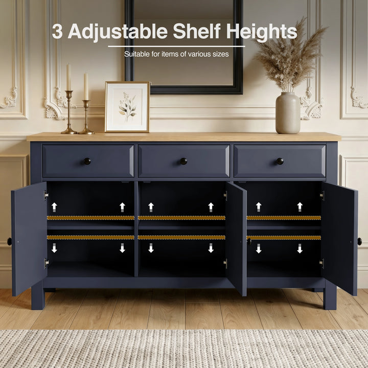 [Blue] Haven 3-door sideboard interior shelf-height options shown across three open lower compartments