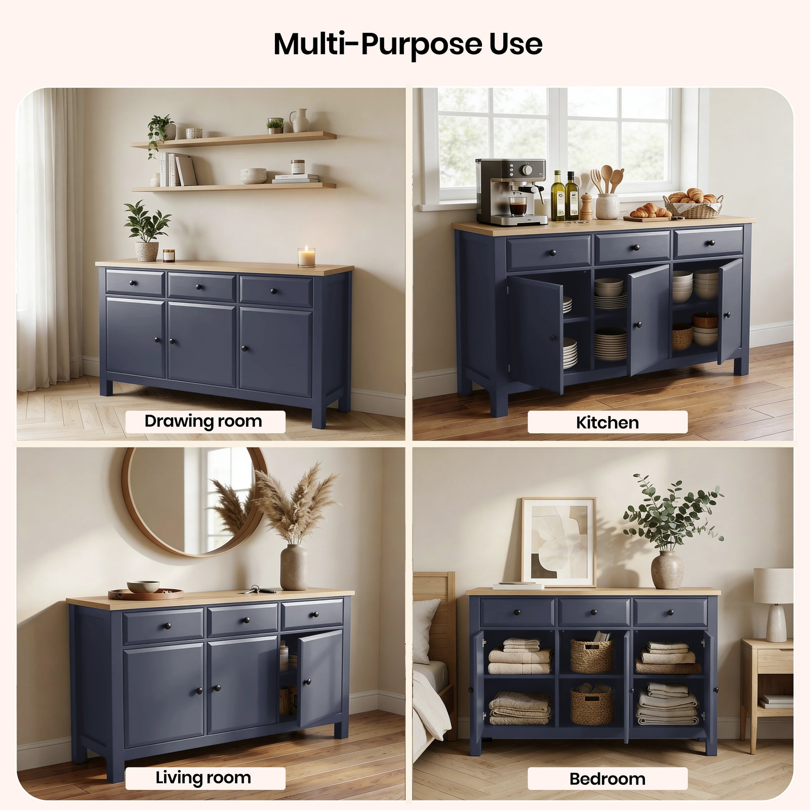 [Blue] Haven 3-door sideboard four-room placement guide for hallway, kitchen, lounge and bedroom