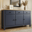 [Blue] Haven 3-door sideboard main front view showing full painted frame, panel doors and oak veneer top panel
