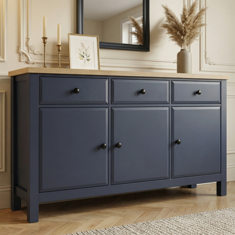 [Blue] Haven 3-door sideboard main front view showing full painted frame, panel doors and oak veneer top panel