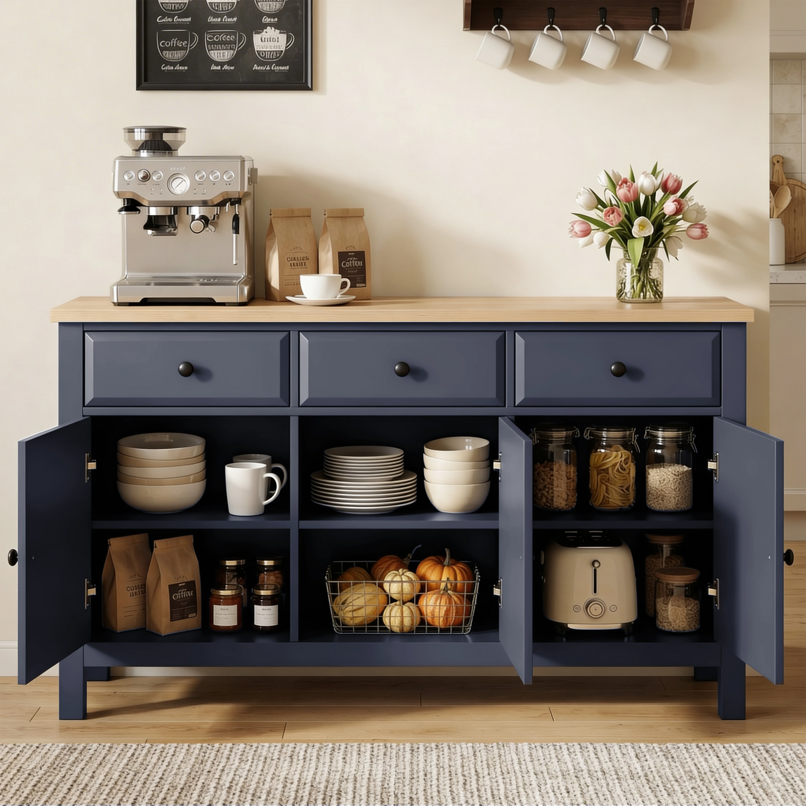 [Blue] Haven 3-door sideboard with all doors open showing internal shelves and full interior storage layout