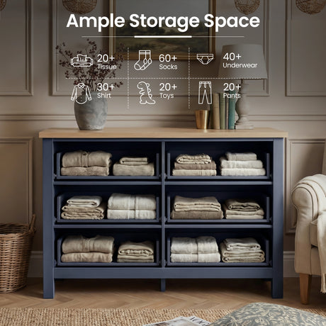 [Blue] Haven chest of drawers lifestyle shot with ample storage space feature graphic and capacity icons overlaid