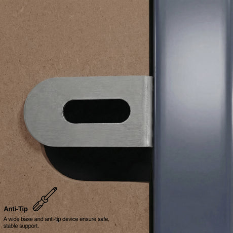 [Blue] Anti-tip device on a chest of drawers with text explaining its function.