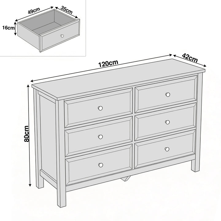 [Blue] Haven 6-drawer chest dimensions diagram showing W120cm x D42cm x H80cm with drawer 49x35x16cm