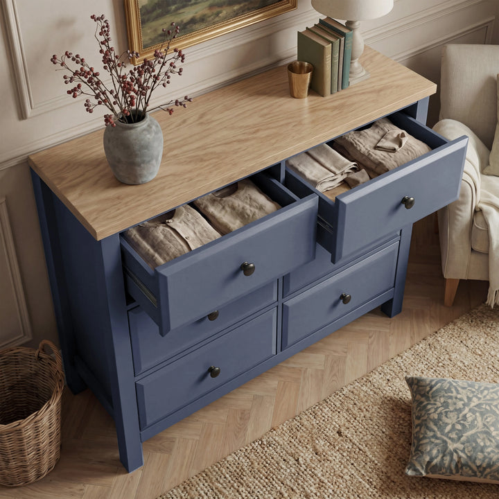 [Blue] Haven 6-drawer chest with both top drawers open showing folded textiles inside and oak veneer top