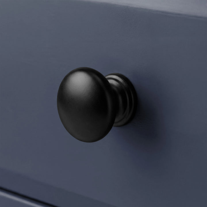 [Blue] Haven 6-drawer chest close-up of round matte black knob handle with stepped base on blue drawer