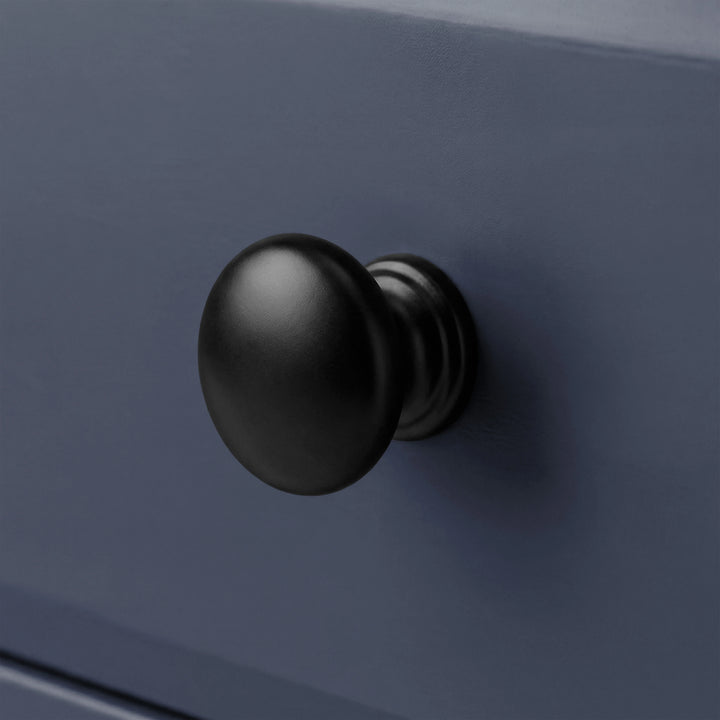 [Blue] Haven 6-drawer chest close-up of round matte black knob handle with stepped base on blue drawer