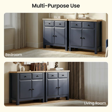 [Blue] Haven 80cm sideboard angled 3/4 view on white background showing depth and oak veneer top surface