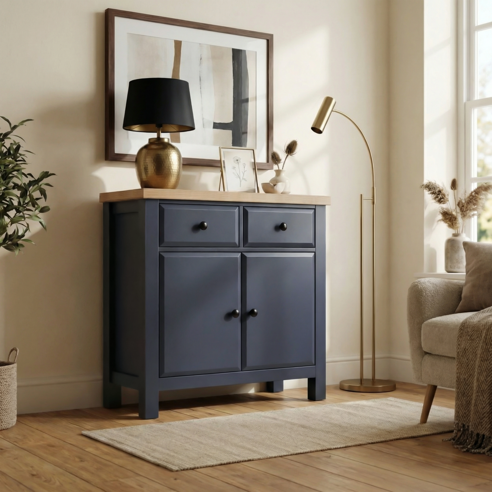 [Blue] Haven 80cm sideboard in a living room lifestyle setting with plant and decorative items on oak top
