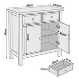 [Blue] Dimensions diagram of Haven 80cm sideboard labelled 80cm wide x 39.5cm deep x 81cm tall with 44cm interior cavity