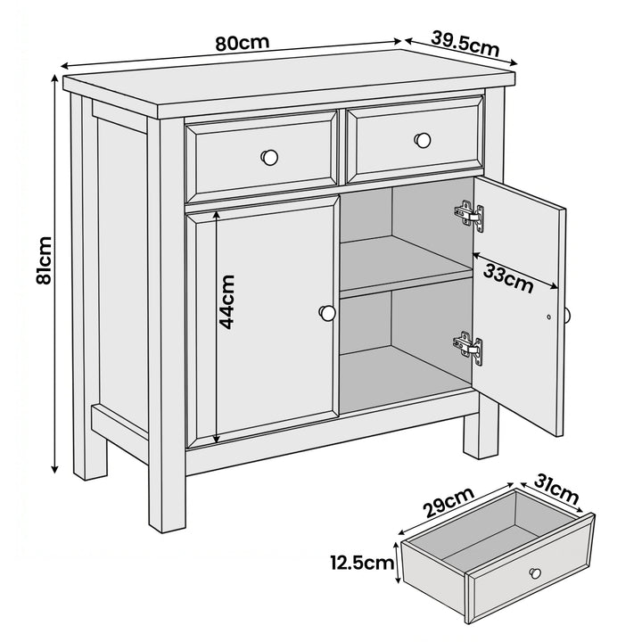 [Blue] Dimensions diagram of Haven 80cm sideboard labelled 80cm wide x 39.5cm deep x 81cm tall with 44cm interior cavity
