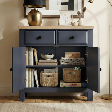 [Blue] Haven 80cm sideboard front view with doors open in a styled room showing interior shelf and accessories
