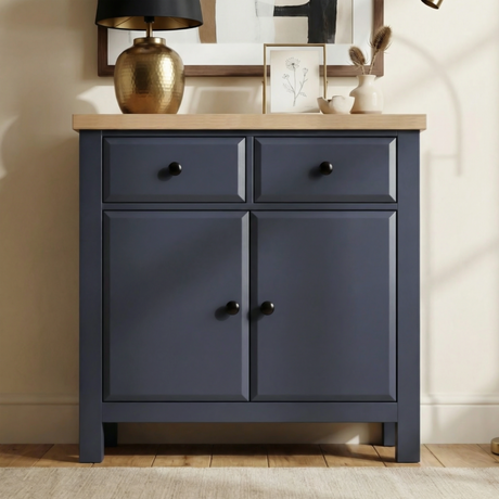 [Blue] Haven 80cm sideboard front view in a styled room with decorative objects arranged on oak veneer top