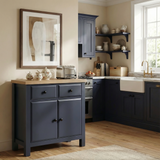 [Blue] Haven 80cm sideboard in a kitchen setting with crockery and accessories displayed on oak veneer top