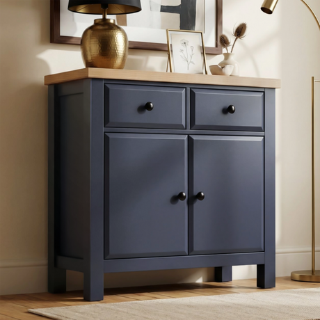 [Blue] Haven 80cm sideboard main front view showing full painted frame, panel doors and oak veneer top panel