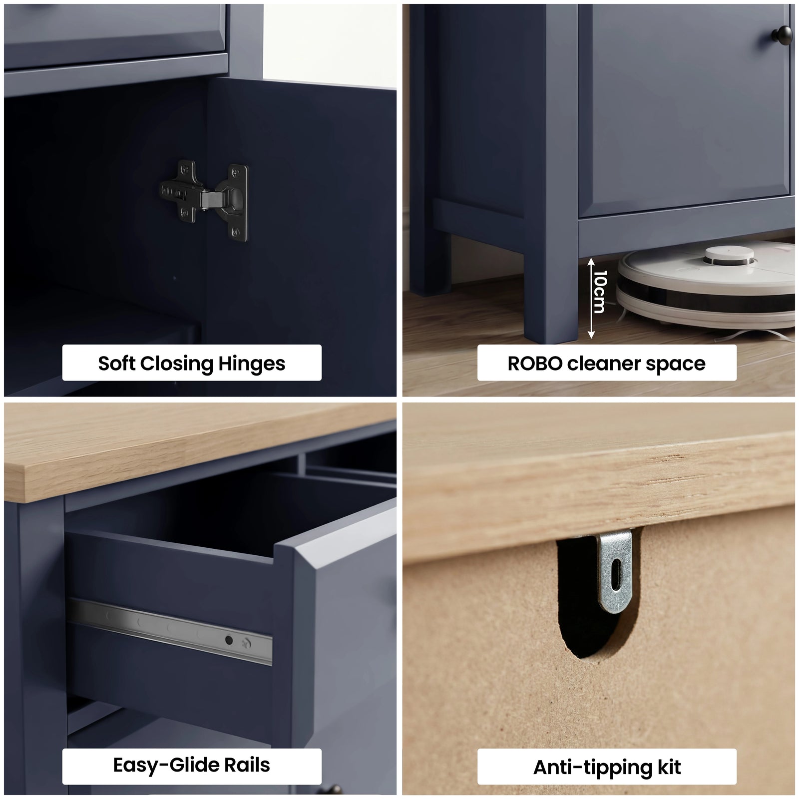 [Blue] Haven 80cm sideboard feature graphic: soft-close hinge, robot-vacuum gap, easy-glide drawer rail and wall anti-tip