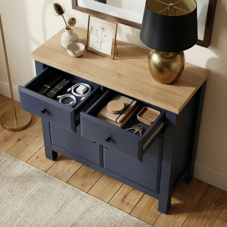 [Blue] Haven 80cm sideboard top surface styled with decorative objects and plant on the oak veneer top panel