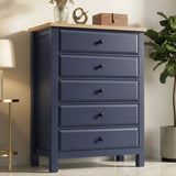 [Blue] Haven 5-drawer tall chest front view with decorative tray and small objects arranged on oak veneer top