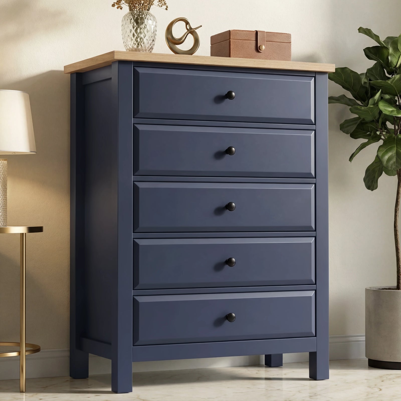 [Blue] Haven 5-drawer tall chest front view with decorative tray and small objects arranged on oak veneer top