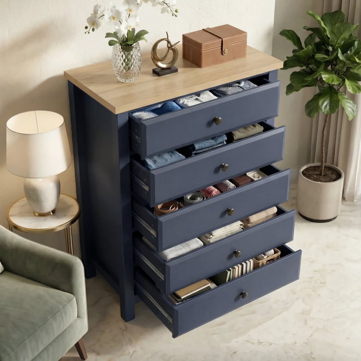 [Blue] Haven 5-drawer tall chest with all drawers open showing interior storage depth and oak veneer top surface