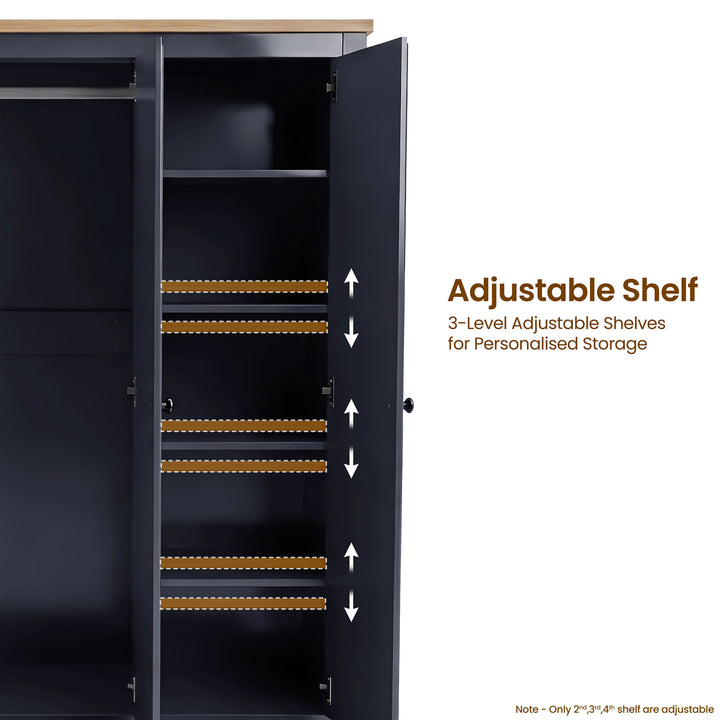 [Blue] Haven 3-door wardrobe interior close-up showing adjustable shelf positions with feature annotation overlay