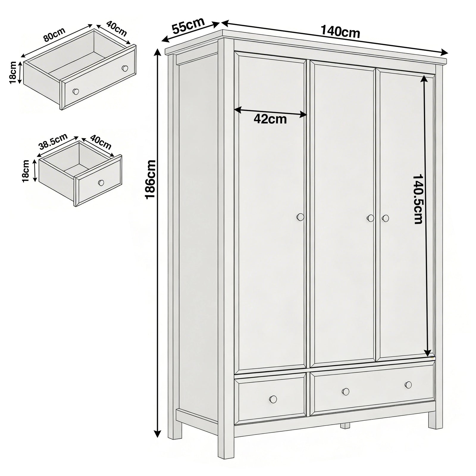 [Blue] Haven wardrobe dimensions 140 x 55 x 186 cm with 42 cm interior, 140.5 cm hanging rail, drawer 80x40x18