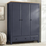 [Blue] Haven 3-door wardrobe front view in a bedroom setting with soft natural light across the closed panel doors
