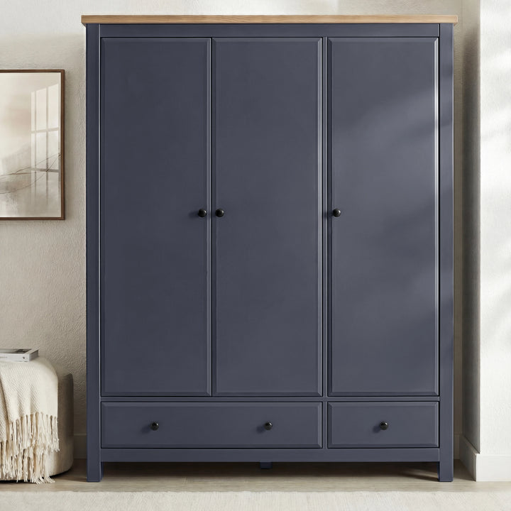 [Blue] Haven 3-door wardrobe front view on a plain background showing full height, panel doors and oak veneer top