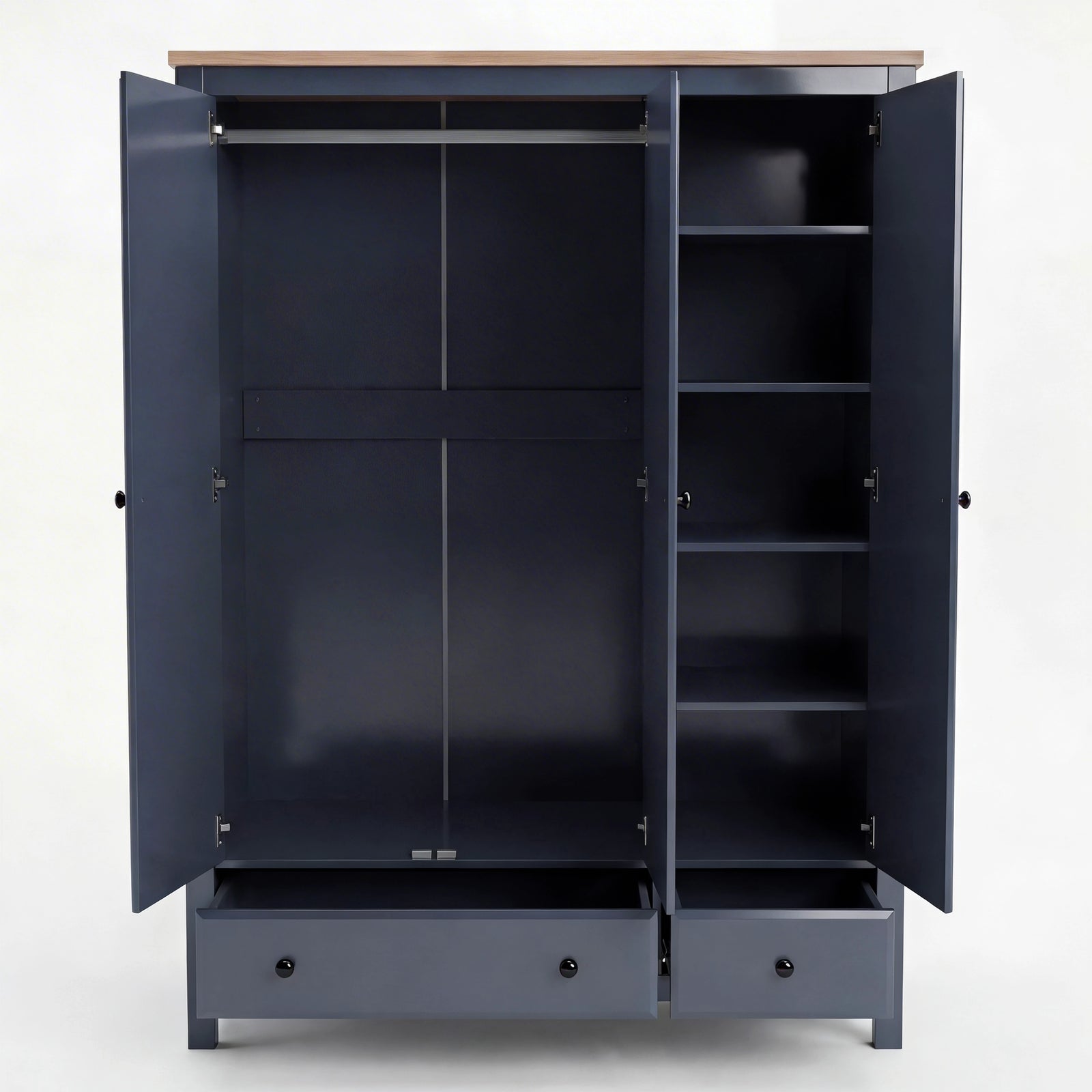 [Blue] Haven 3-door wardrobe with one door open showing internal shelves and hanging rail on plain background