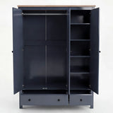 [Blue] Haven 3-door wardrobe with one door open showing internal shelves and hanging rail on plain background