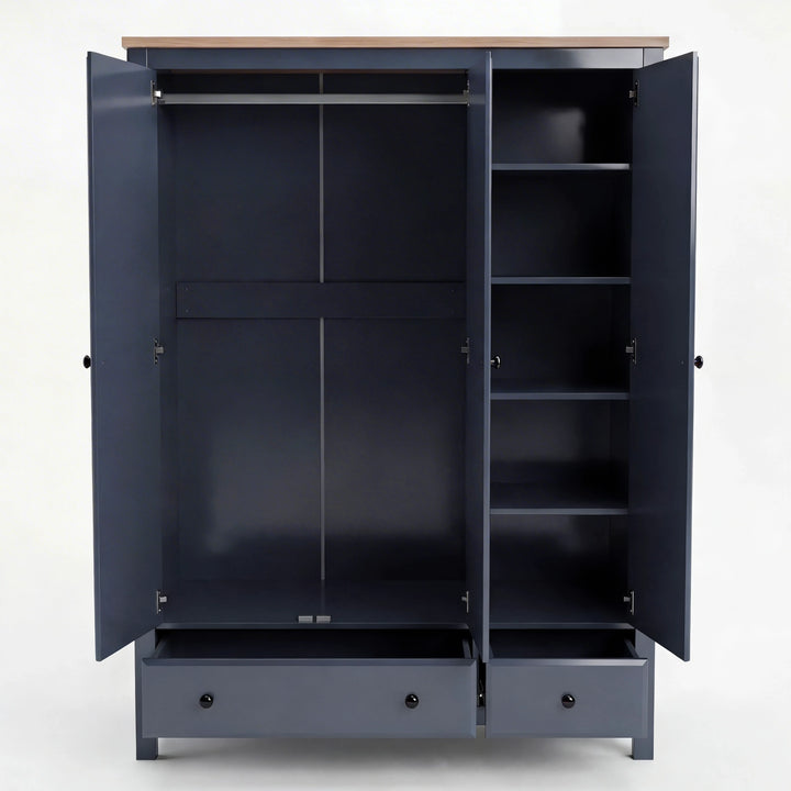 [Blue] Haven 3-door wardrobe with one door open showing internal shelves and hanging rail on plain background