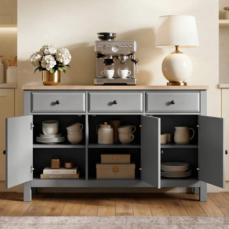 [Grey] Haven 3-door sideboard angled 3/4 view in a styled room showing frame depth and oak veneer top surface