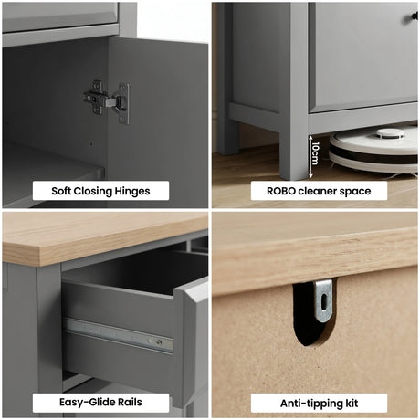 [Grey] Haven 3-door sideboard detail showing anti-tip wall safety bracket and oak veneer top edge close-up