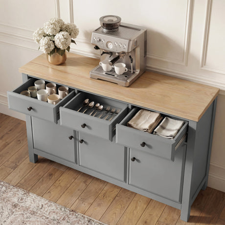 [Grey] Haven 3-door sideboard in a bedroom lifestyle setting with soft furnishings and accessories on oak top