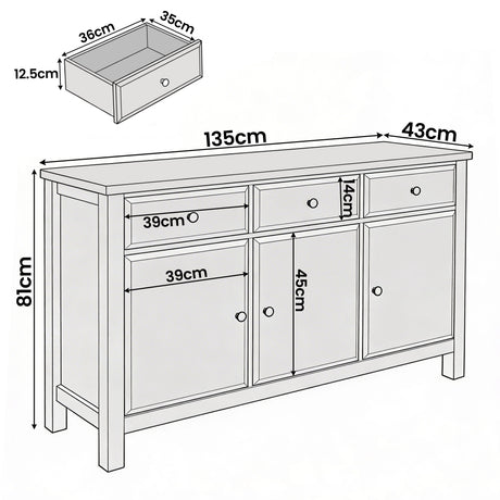 [Grey] Haven 3-door sideboard dimensions diagram showing width, depth and height measurements with door detail