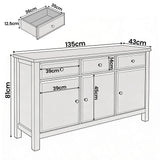 [Grey] Haven 3-door sideboard dimensions diagram showing 135cm wide x 43cm deep x 81cm high with drawer interior 35x36x12.5cm