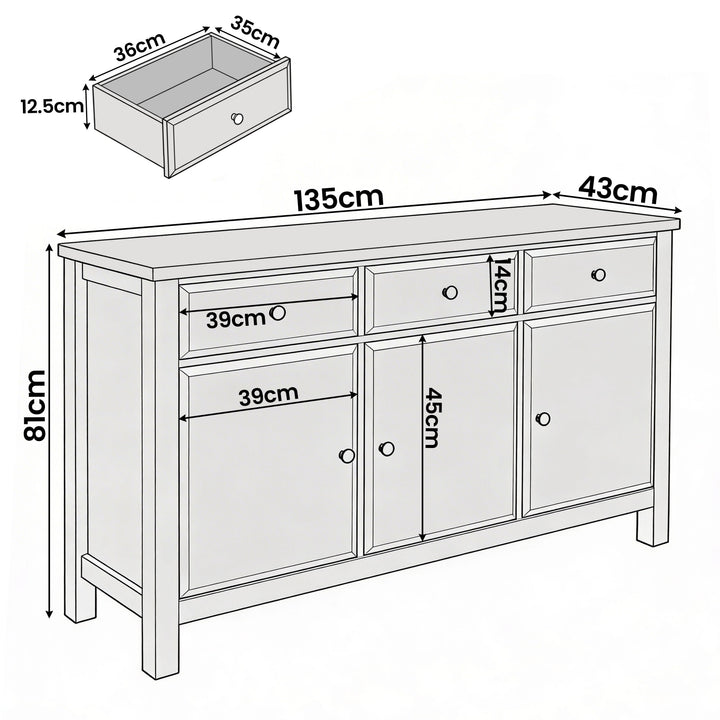 [Grey] Haven 3-door sideboard dimensions diagram showing 135cm wide x 43cm deep x 81cm high with drawer interior 35x36x12.5cm