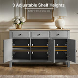 [Grey] Haven 3-door sideboard interior view, three doors open exposing two height-adjustable shelves per compartment
