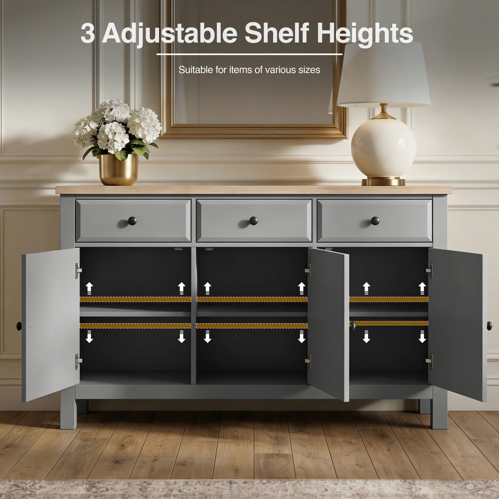 [Grey] Haven 3-door sideboard interior view, three doors open exposing two height-adjustable shelves per compartment