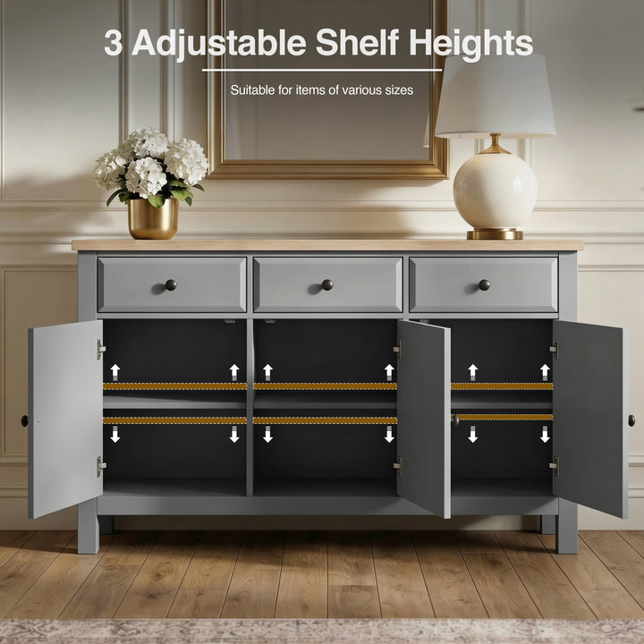 [Grey] Haven 3-door sideboard interior view, three doors open exposing two height-adjustable shelves per compartment