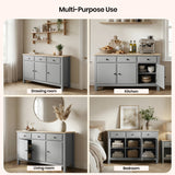 [Grey] Haven 3-door sideboard placement across drawing room, kitchen with espresso machine, living room and bedroom