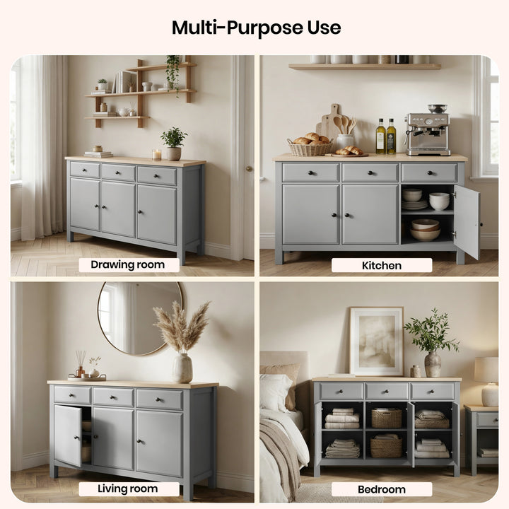 [Grey] Haven 3-door sideboard placement across drawing room, kitchen with espresso machine, living room and bedroom